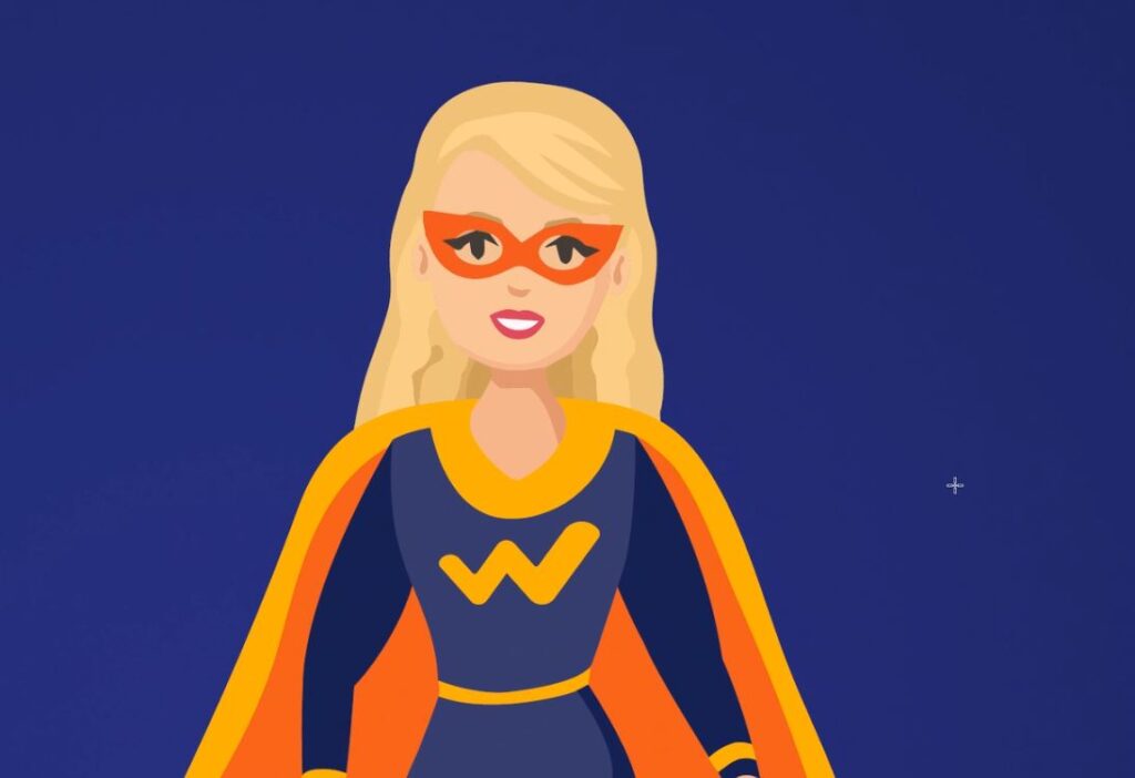 Blonde animated woman wearing Superman outfit.