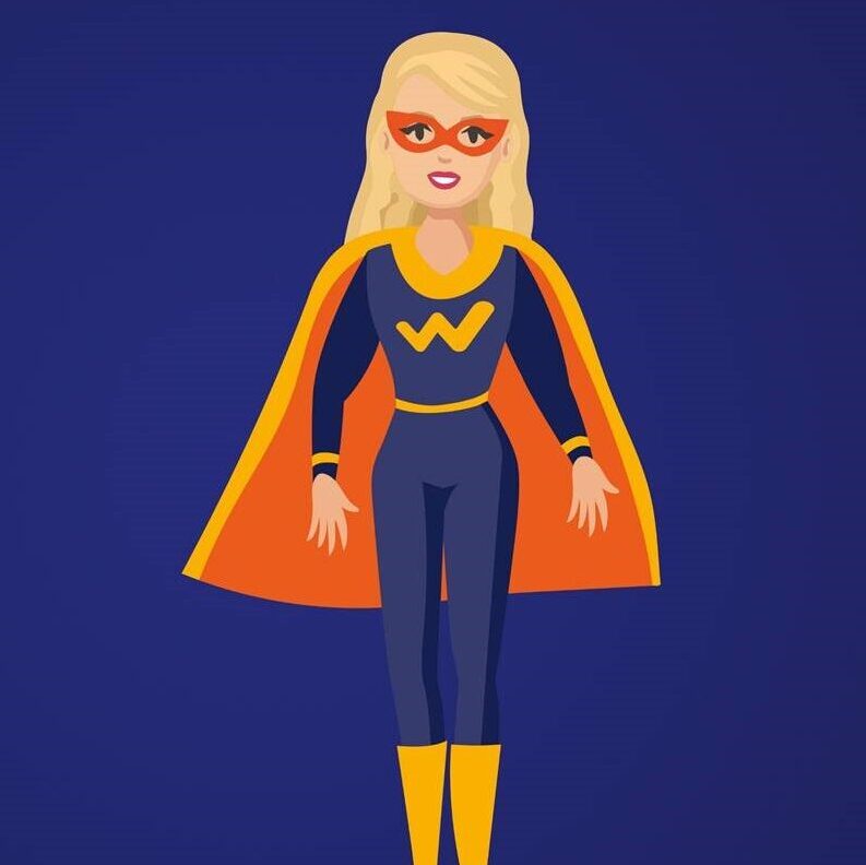 Animated image of a blonde woman wearing a Superman outfit.